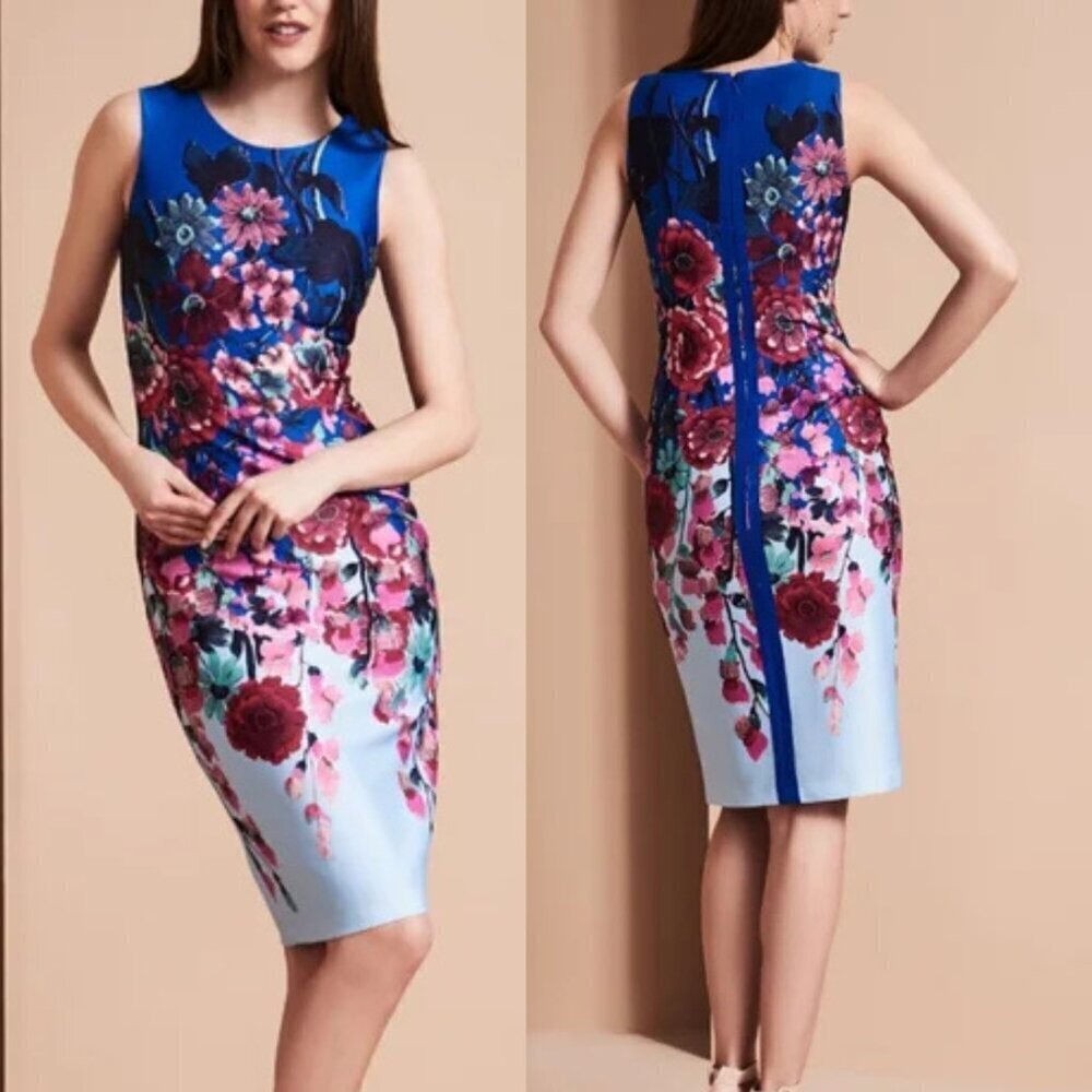 Adrianna Papell Blue Red Floral Scuba Fitted Knee Length Dress 20670